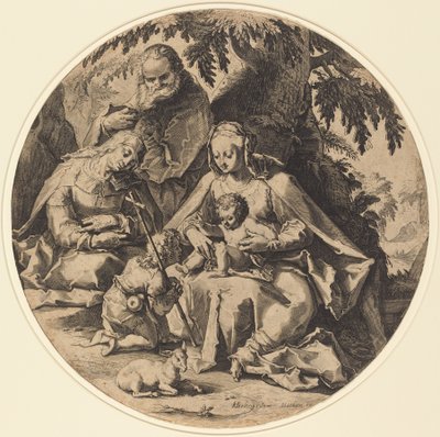 Den heliga familjen med Saint Elizabeth och Saint John the Baptist av Workshop of Jacob Matham, after Hendrik Goltzius