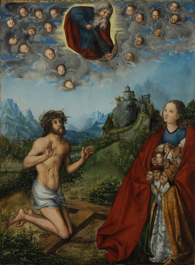 Kristus och jungfruen går in för mänskligheten inför Gud Fadern (De tre plågorna) av workshop of Lucas Cranach the Elder