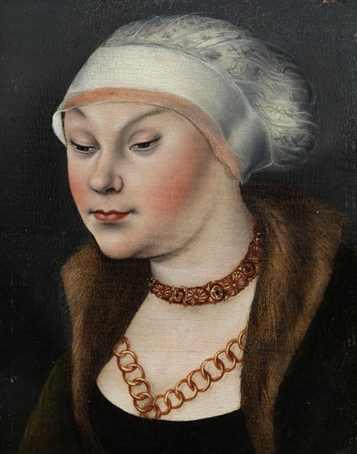 Tyska: Kopf einer Dame mit weißer Haube (Omphale) Huvud av en kvinna med vit hatt av workshop of Lucas Cranach the Elder