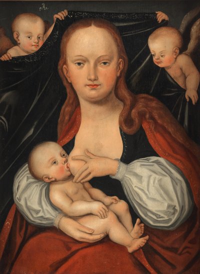 Madonnan och barnet framför en ridå som hålls av två änglar av workshop of Lucas Cranach the Elder