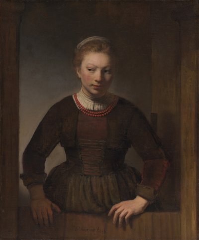 Ung kvinna vid en öppen halvdörr av Workshop of Rembrandt van Rijn