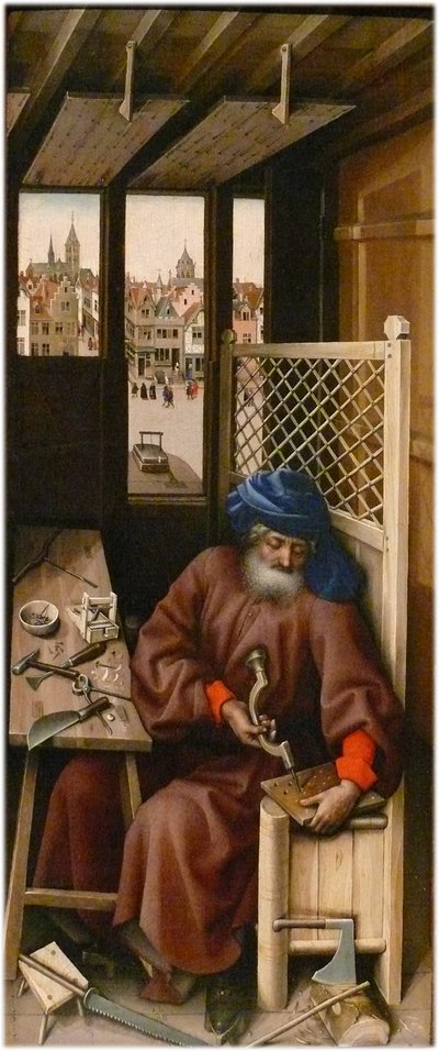 Annunciation Alternativ titel(s):   Mérode Altartavla
högra panelen: Sankt Josef som snickare av Workshop of Robert Campin