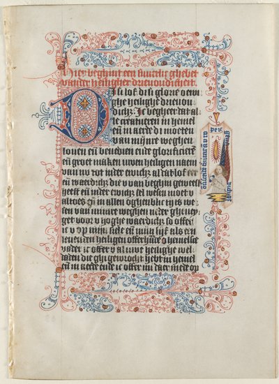 Löv utskuret från en timbok: Ängel med en banderole inom en blomstrande gräns..., c. 1475. av Workshop of the Convent of St.