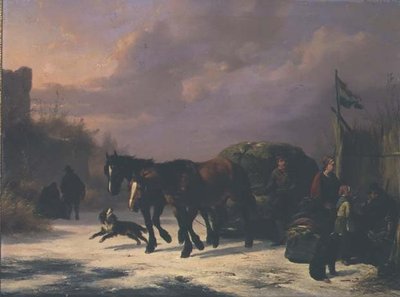 En hästdragen släde vid monter av Wouterus Verschuur