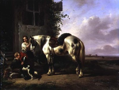 Exteriör av ett värdshus med ung flicka, pojke, hund, häst av Wouterus Verschuur
