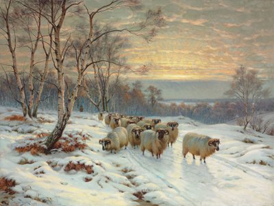 En herde med sin flock i ett vinterlandskap av Wright Barker