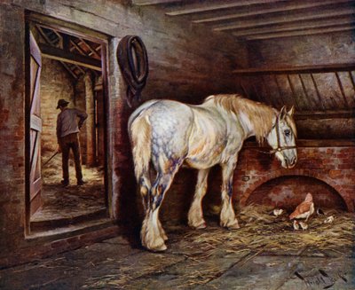 I slutet av dagen: häst i stallet som en man muckar ut (färg litho) av Wright Barker