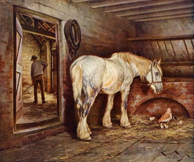 Slutet av dagen - bondhästen återvänder hem (färg litho) av Wright Barker