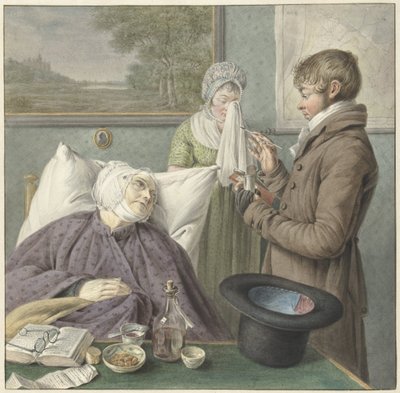 Läkare besöker en sjuk gammal kvinna i sängen av Wybrand Hendriks (attributed to)