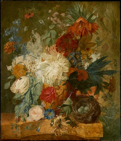 Stilleben med blomsterbukett och fågelbo av Wybrand Hendriks
