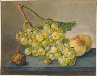 Stilleben med vindruvsklase, valnöt och persikor av Wybrand Hendriks