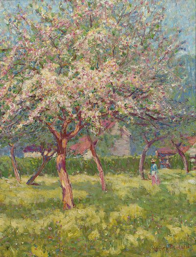 En fruktträdgård i blom (olja på duk) av Wynford Dewhurst