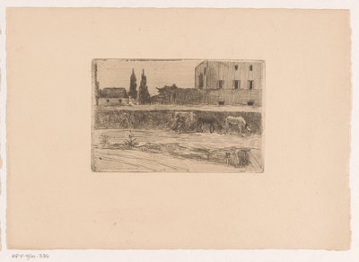 Landskap med byggnader och en figur på jobbet av Xavier Mellery (attributed to)