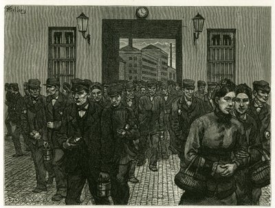 En fabriksutgång i Gent. Gravyr av X. Mellery, efter naturen, för att illustrera berättelsen "" Belgien", 1888, av Camille Lemonnier (1844-1913), konstkritiker och författare. Publicerad i Tour du monde, andra terminen 1883, redigerad av Edouard Charton (1 av Xavier Mellery