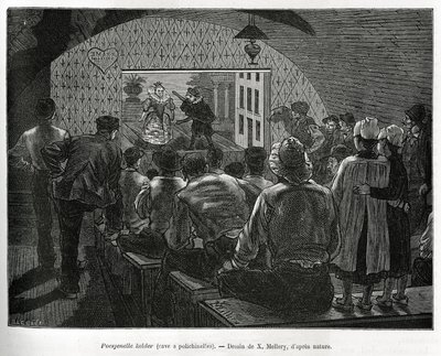 Cellar a Polichinelles, en källare designad för dockteater. Gravyr av X.Mellery, för att illustrera historien om Belgien, av Camille Lemonnier, publicerad i Tour du monde, redigerad av Edouard Charton (1807-1890) av Xavier Mellery