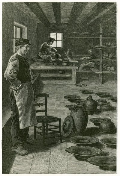 Krukmakaren i Terneuzen, i sin verkstad, tilltäppt med vaser och fat, nära fönstret, keramikern arbetar med leran på selen och hans lärling, nedanför, jobbar på svängen. Gravyr av X.Mellery, efter naturen, för att illustrera historien ""Belgien"", 188 av Xavier Mellery