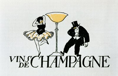 Reklamvinjett för champagneviner som representerar ett par som dansar runt en kopp, 1900-tal (affisch) av Xavier Nogues