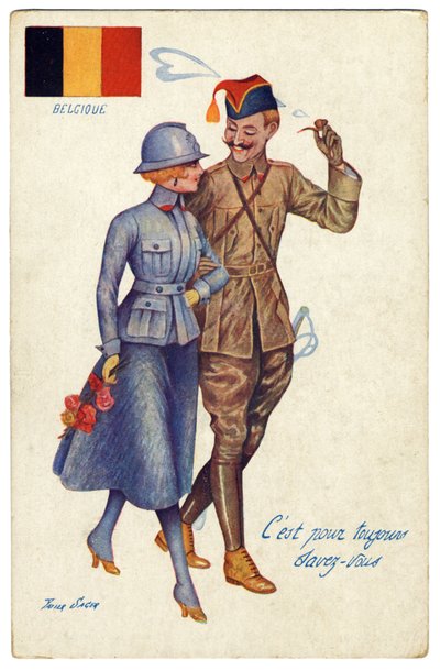 Första världskriget belgisk vykort Harmonin mellan allierade, c.1917 av Xavier Sager