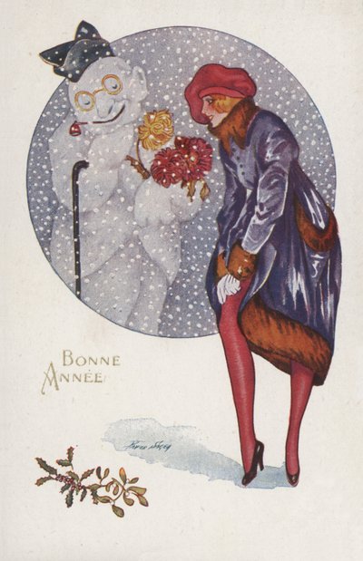 Nyårskort med en flicka och en snögubbe av Xavier Sager