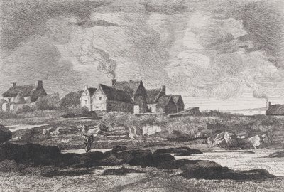 Landsbygd med en flod som rinner till höger och hus i bakgrunden, 1845-75. av Xavier de Dananche