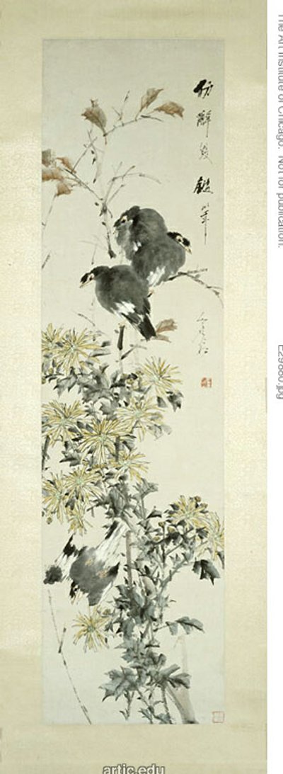 Crested Myna Fåglar och krysantemum av Xugu