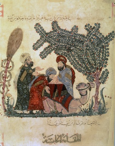 Abu Zayd, Al-Harrith, ein liegendes Kamel und eine Figur von Yahya ibn Mahmud Al-Wasiti