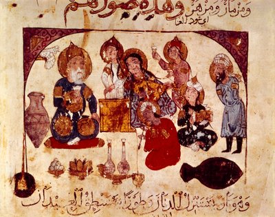 Abou-Zayd på Hanah-krogen, miniatyr från "Maqamat" (Sayings), ms. 3929, fol. 34v av Yahya ibn Mahmud Al Wasiti