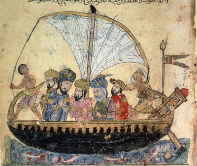 den borgerliga al-Harith (Al Harith), son till Hammam, och den vandrande navigatören Abu-Zayd (Abu Zayd) på en båt som seglar på Eufrat-miniatyren från "Maqamat" (Seanser) av Abu Mohammed al-Kasim ibn Ali Hariri (eller Al-Hariri eller Al Hariri) (1054-1122 av Yahya ibn Mahmud Al Wasiti