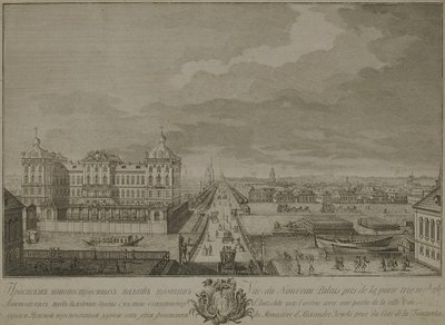 Utsikt över de nybyggda kamrarna mittemot Anichkov-portarna i Sankt Petersburg, 1753 av Yakov Vasilyevich Vasilyev