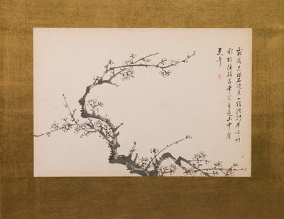 Prunus Blossoms, vikskärm, panel 3 av 4, Edo-perioden 1844 (tusch på papper) (se även 752778-82) av Yamamoto Baiitsu