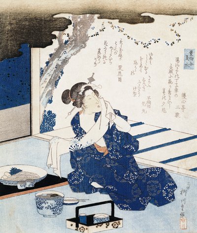 Courtesan bär yukata (blå och vit bomullskimono), väggpanelen är dekorerad med dikt av Yanagawa II Shigenobu
