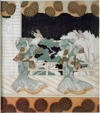 Dansare i traditionell kostym på en scen Japanskt tryck "Surimono" av Yashima Gakutei (1786-1868) 1822 Privat samling av Yashima Gakutei