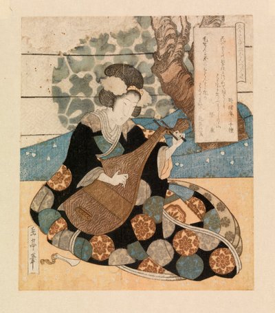 Dam som spelar ett instrument, ca 1804-40 (träsnitt i färg) av Yashima Gakutei