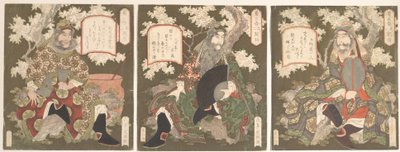 De tre hjältarna från Shoku (Shu): kejsar Ryubi (Liu Fei) och hans vänner Kwan-u (Kwan Yu) och Chohi (Chang Fei) av Yashima Gakutei