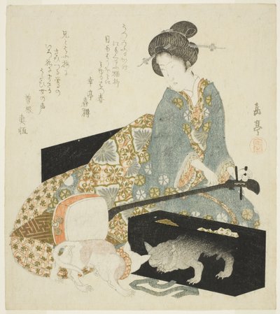 Kvinna med Shamisen och katt av Yashima Gakutei