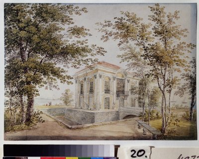 Eremitagepaviljongen i Peterhof. Denna paviljong, även kallad nya Monplaisir, byggdes 1725 av arkitekten J. F. Braunstein. Verk av Yegor Yegorovich Meier (1822-1867), akvarell på papper, omkring 1850. Ar av Yegor Yegorovich Meier