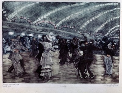 Tango a Luna Park (Tango Dance at Luna Park). Par dansare på ett brett golv, upplysta från taket av girlander av ljus. Konstverk av Yelisaveta (Elisabeth) Sergeyevna Kruglikova (Elizaveta Sergeevna Krouglikova) (1865-1941), gravyr ( av Yelisaveta Sergeyevna Kruglikova
