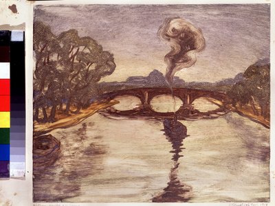 En båt på Seine. (En båt på Seine). Peinture de Yelisaveta (Elisabeth) Sergeyevna Kruglikova (Elizaveta Sergeevna Krouglikova) (1865-1941), estampe (monotyp) av Yelisaveta Sergeyevna Kruglikova