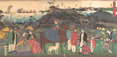 Utlänningar som besöker den berömda platsen Gongen i Kanagawa, 2:a månaden, 1861. av Yoshikazu