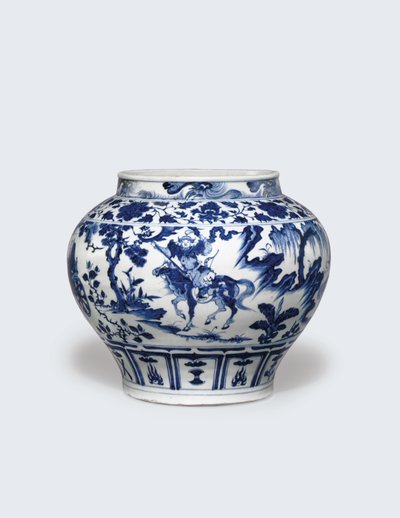En exceptionellt sällsynt och viktig blåvit burk, Guan av Yuan Dynasty Chinese School