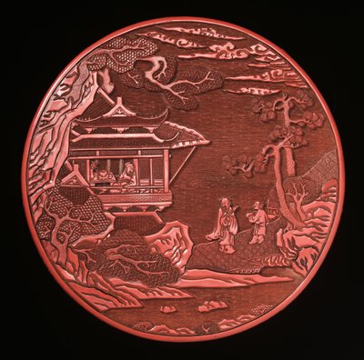 Cirkulär snidad cinnoberlåda och lock (lackerat trä) (se även 272180 och 272181) av Yuan Dynasty Chinese School
