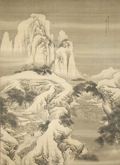 Värdshus och resenärer i Snowy Mountains, daterad 1745. av Yuan Yao