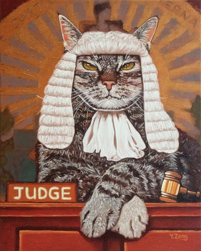 Cat judge, 2023 (blandteknik på träskiva) av Yue Zeng