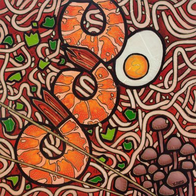 Ramen noodle Shrimp, 2023 (blandteknik på träskiva) av Yue Zeng