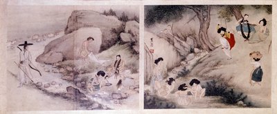 Art coreen: kvinnor som tvättar sina kläder och klär sig själva, och kvinnor som gör sina toaletter och underhåller sig själva. Tryck av Sin Yun Bok (eller Hyewon) (f. 1758). Hyung Pil Chun Collection av Yun bok Sin