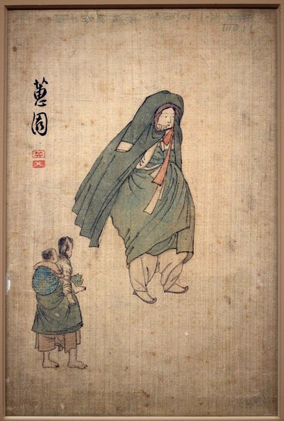 Kvinna insvept i sin kappa, går förbi två barn. Målning av Shin Yunbok (ca 1758-1813), bläck på papper av Yunbok Shin