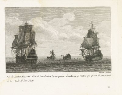Einde van het gevecht van Jan Bart den 22 maj 1689 Slutet av kampen den 22 maj 1689, där Jean-Bart och Forbin, även om de är omaskerade, bara kapitulerar när de är säkra på att deras flotta drar sig tillbaka (titel på objekt) Samling av striderna av Jean-B av Yves Marie Le Gouaz