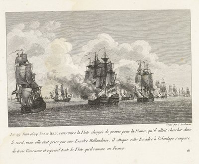Jan Bart herovert graanschepen op een Hollands eskader, 1694 Den 29 juni 1694 träffade Jean-Bart flottan lastad med spannmål för Frankrike (...) och tog över hela flottan som han tog tillbaka till Frankrike (titel på objekt) Samling av striderna av Jean-Ba av Yves Marie Le Gouaz