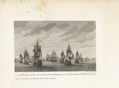 Jan Bart vaart Duinkerke binnen met de heroverde graanschepen, 1694 Den 3 juli 1694 återvänder Jean-Bart till hamnen i Dunkerque med flottan lastad med bleds som han hade tagit över, samt tre fartyg från fiendens skvadron (titel på objekt) Samling av Yves Marie Le Gouaz