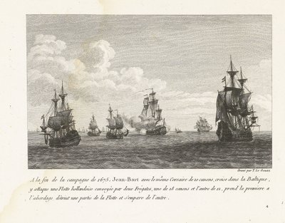 Jan Bart valt Hollandse schepen in de Baltische zee aan, 1675 I slutet av fälttåget 1675 anfaller Jean-Bart med samma Corsair på 10 kanoner, kryssningar i Östersjön, där en holländsk flotta (...) (titel på objektet) Samling av Jean-Bars slagsmål av Yves Marie Le Gouaz